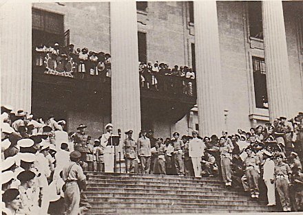 Lord Louis Mountbatten on the steps of the Municipal Builings, Singapore
