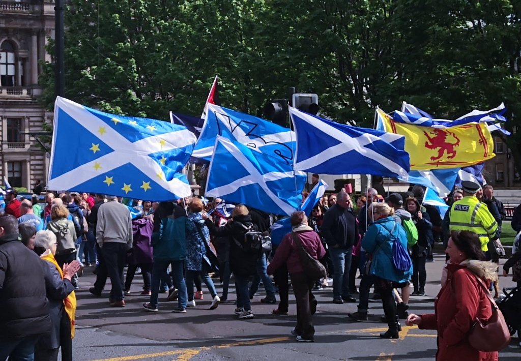 Saltires in George Square, Glasgow. You can be sure the Scottish flag is prominent on independence marches
