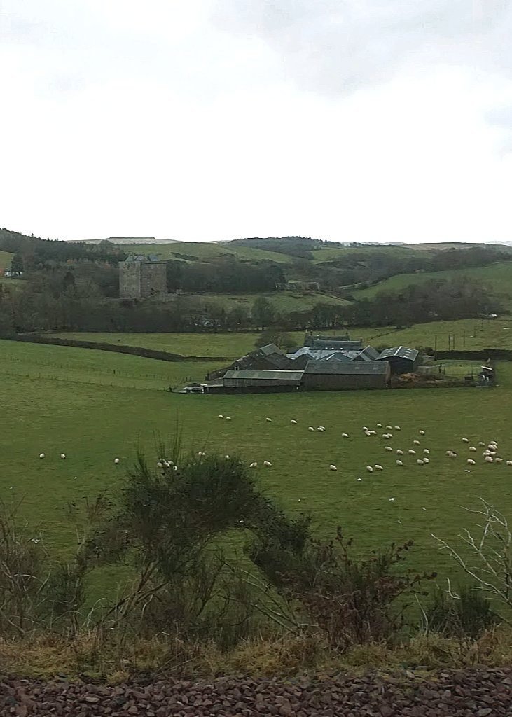 Borthwick Castle from train Borthwick Castle from train