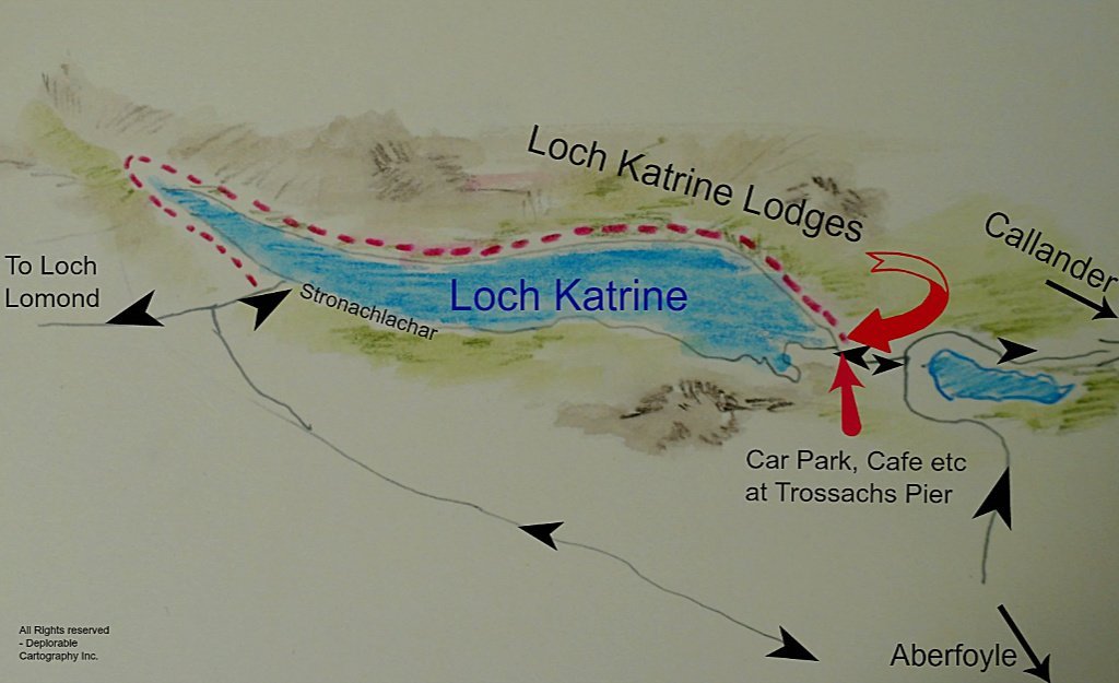 Map of the very heart of the Trossachs, showing location of Loch Katrine accommodation at east end of loch.