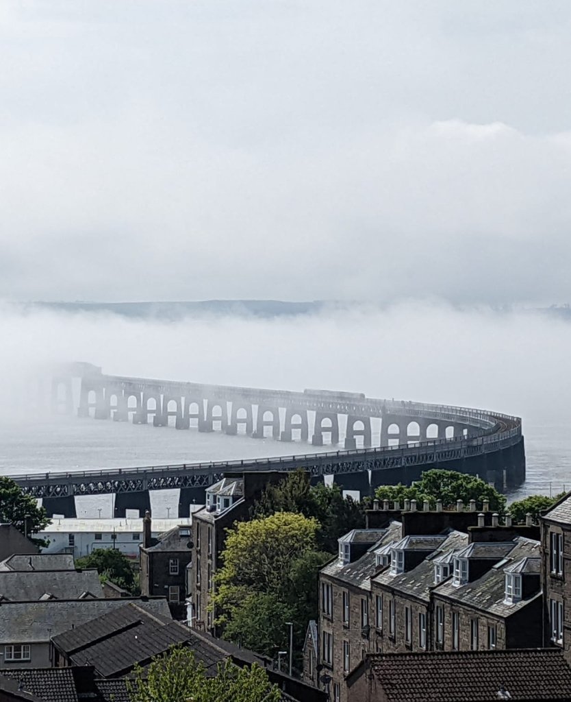 Haar - sea-mist - envelopes the Tay Bridge. Looking south from Dundee